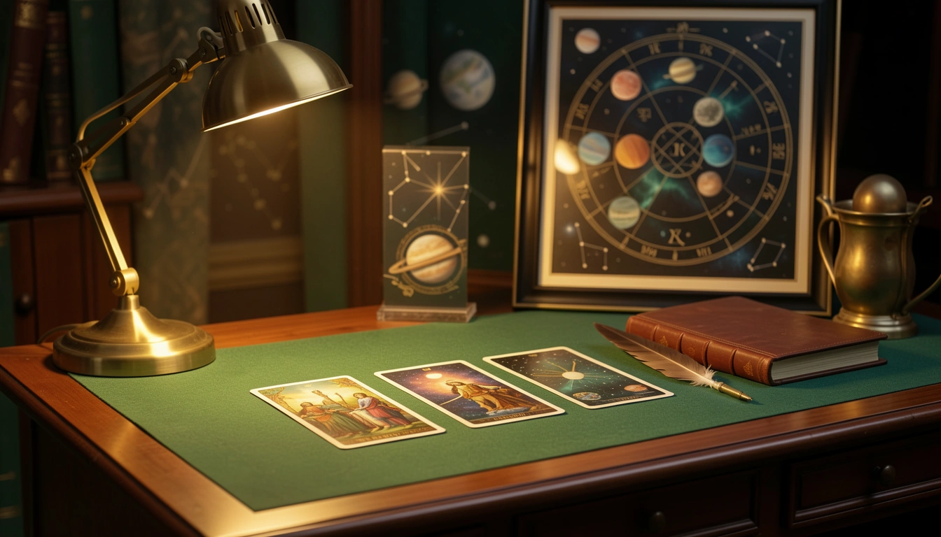 Tarot cards on a desk for a career and money yes or no reading with astrological chart in background