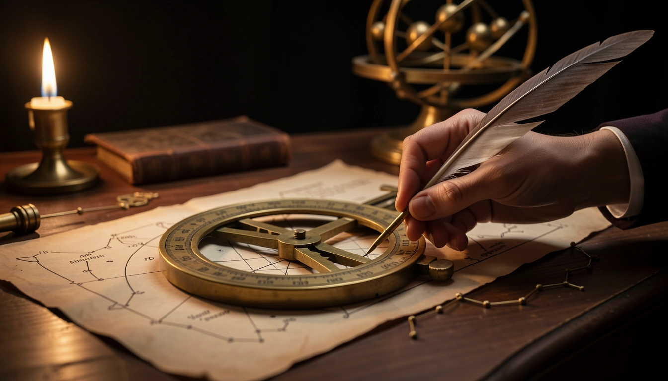 Antique brass sextant and parchment horoscope chart showing degree markings, illustrating the cusp zone concept.