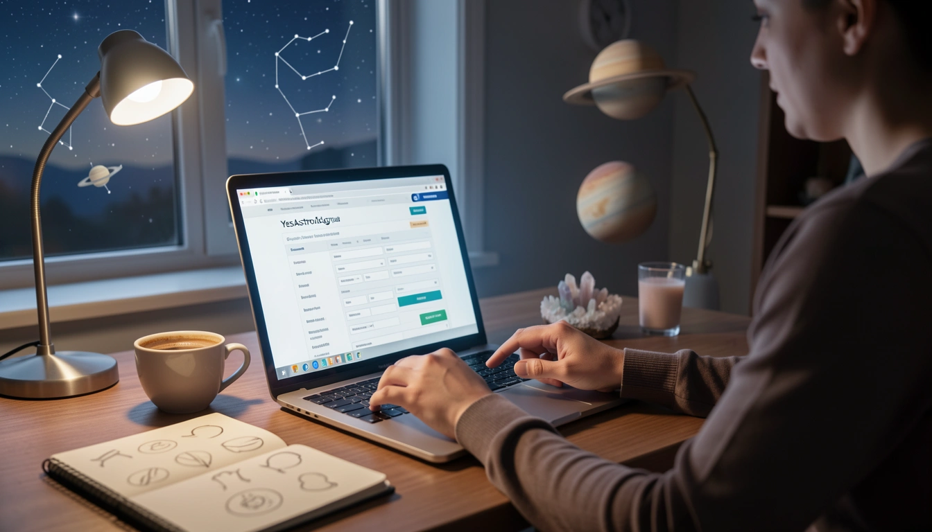 Person using a laptop with the Zodiac Cusp Calculator open, surrounded by astrological items