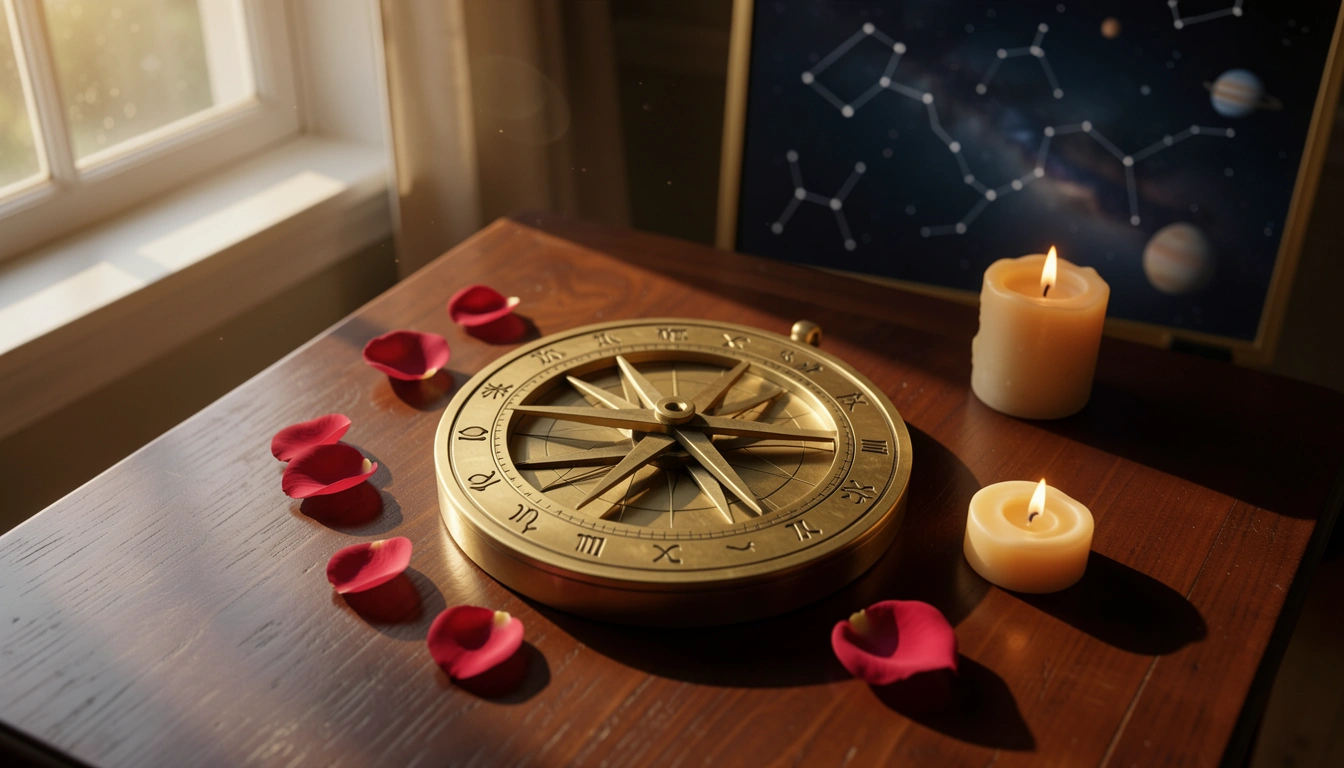 Brass astrolabe with zodiac engravings on a dark wooden table, candlelight, and night sky in background