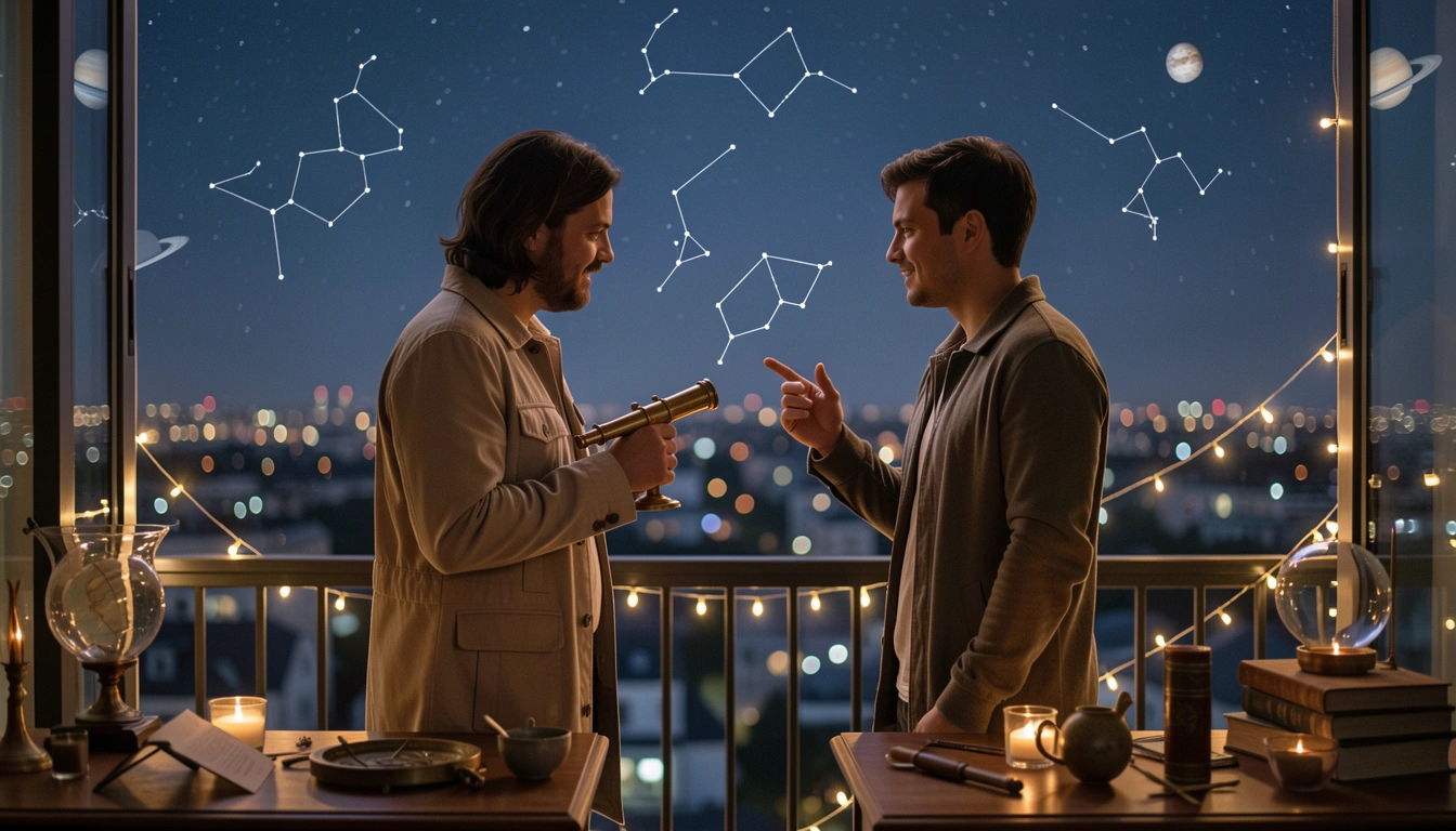 Couple on a balcony at twilight with telescope and fairy lights, night sky with stars