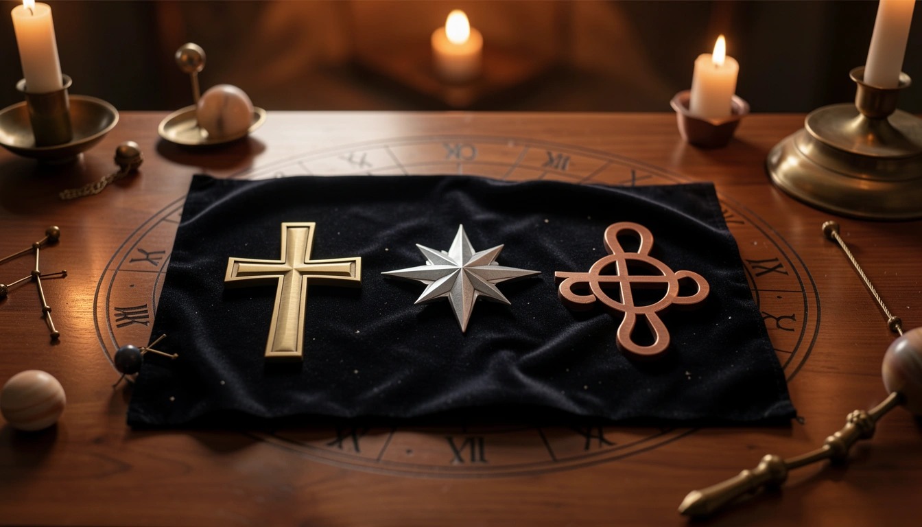 Three astrological modality symbols on a dark velvet cloth with candlelight and a zodiac wheel