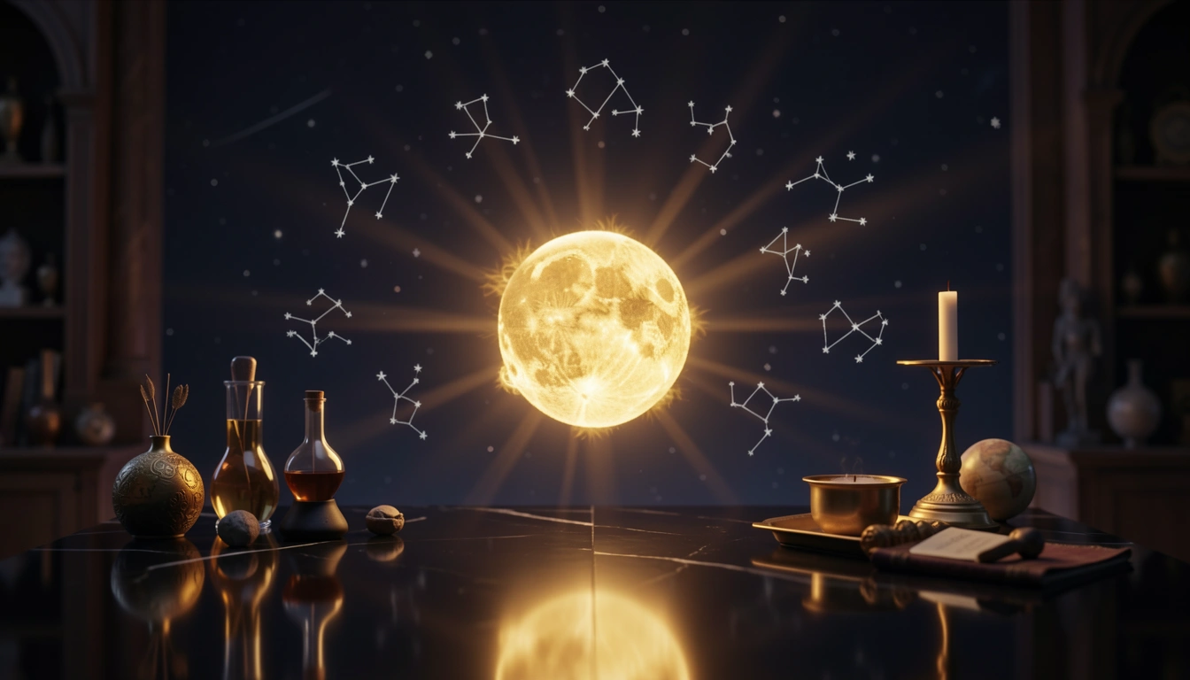 Glowing Sun surrounded by zodiac constellations in a starry sky