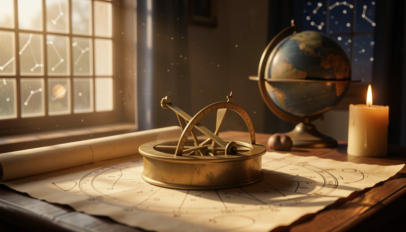 Antique brass astrolabe on parchment star chart with golden sunlight and candle