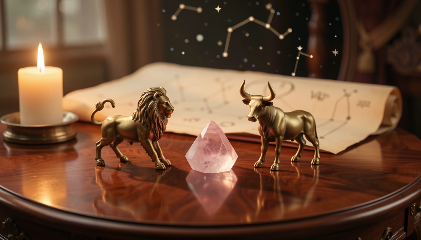 Candlelit table with brass zodiac symbols and rose quartz crystal, astrological chart in background