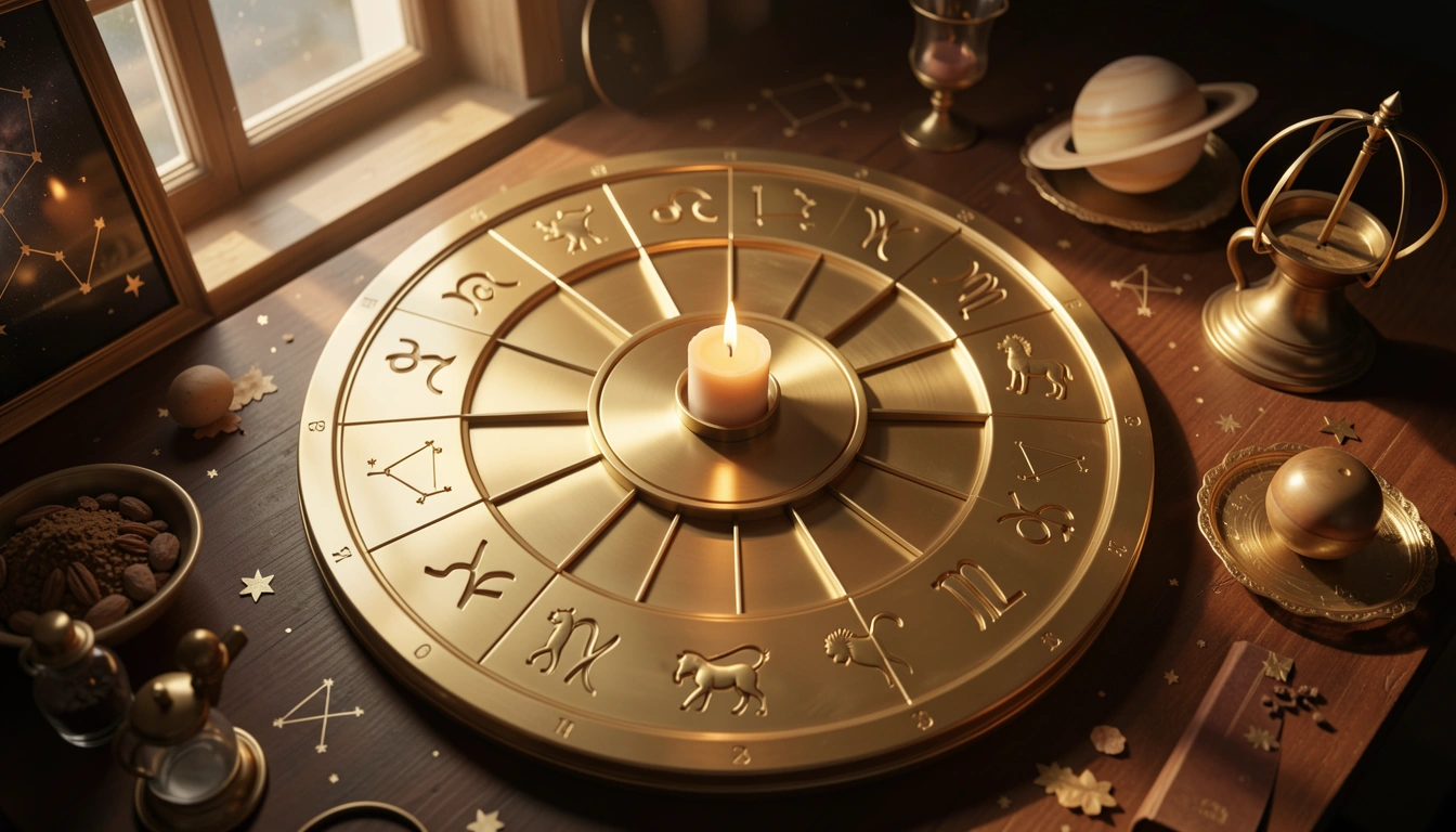 Brass zodiac wheel with carved symbols lit by candlelight and golden hour sunlight