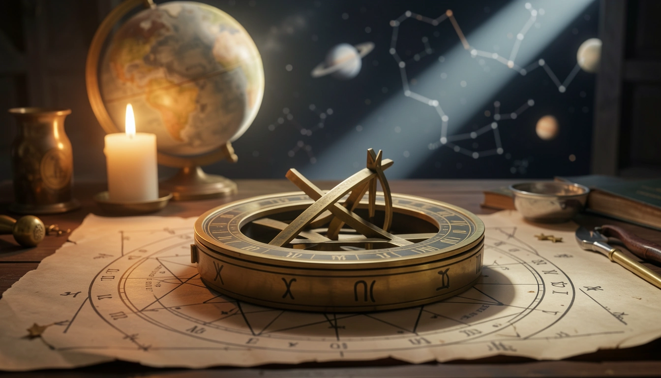 Brass astrolabe on parchment with candlelight and moonbeam, illustrating the difference between fixed zodiac dates and the Sun's position.