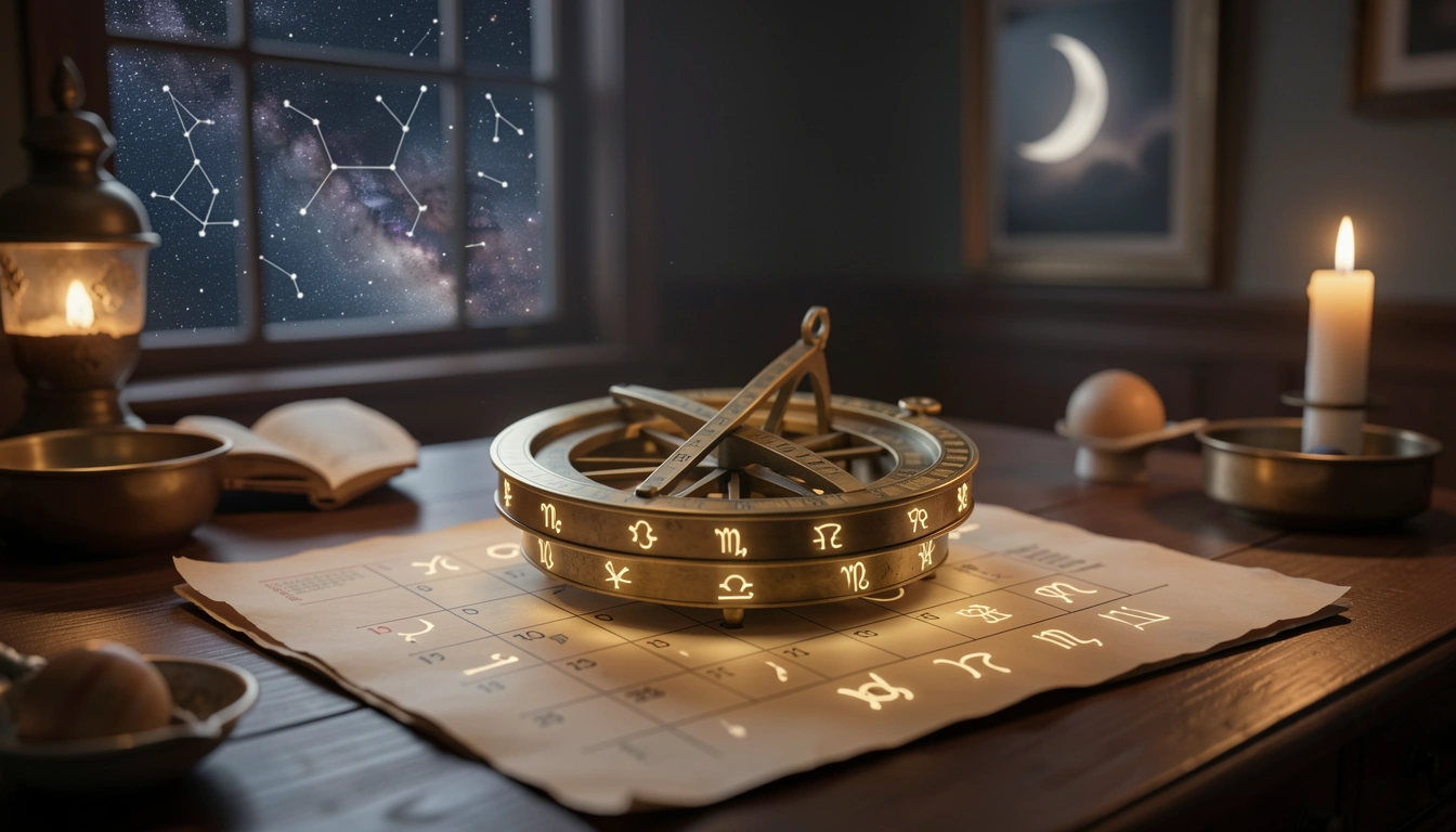 Antique brass astrolabe and zodiac calendar on a wooden desk with candlelight and starry sky.