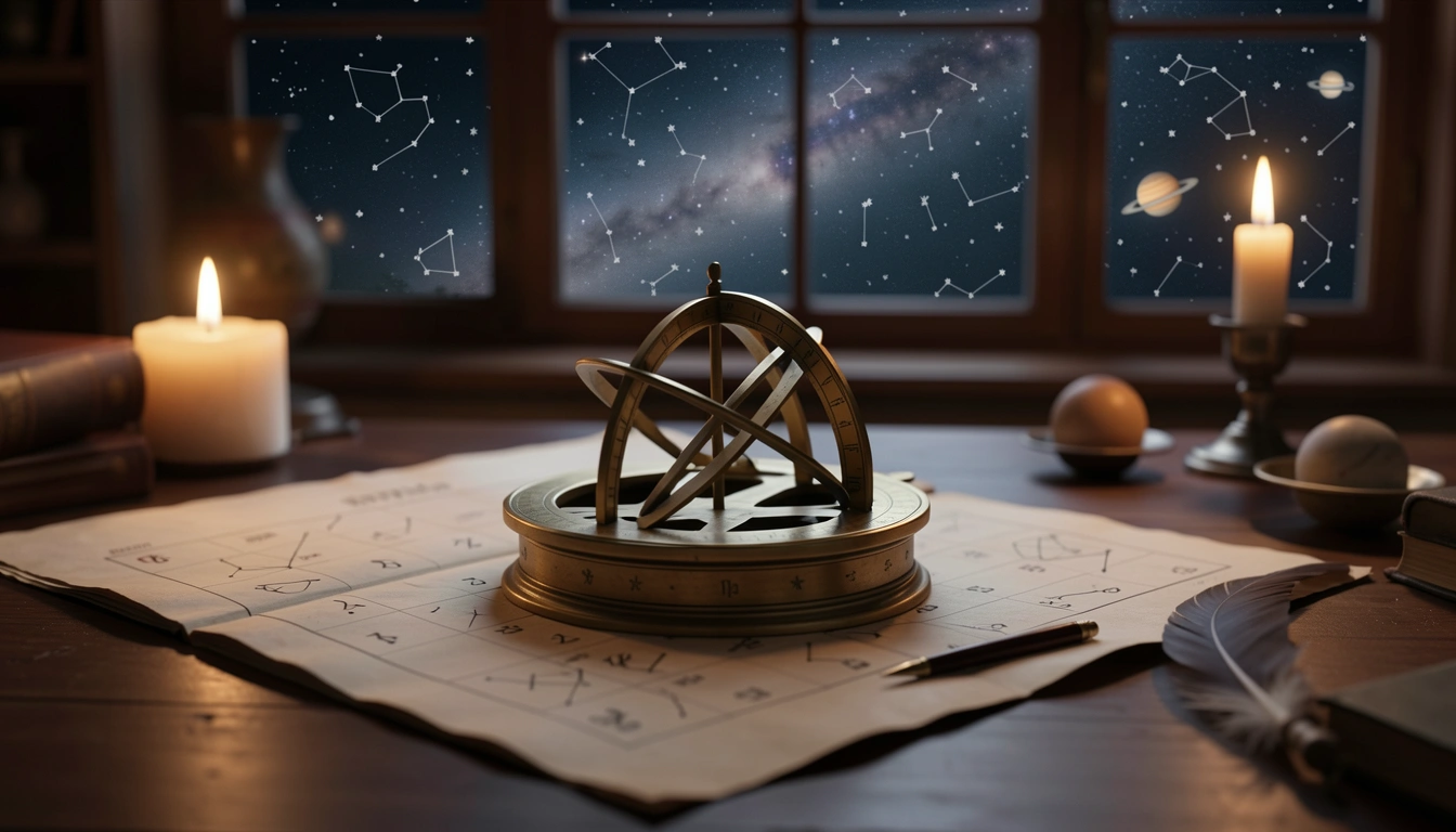 Antique brass astrolabe and zodiac calendar on desk with candlelight and night sky