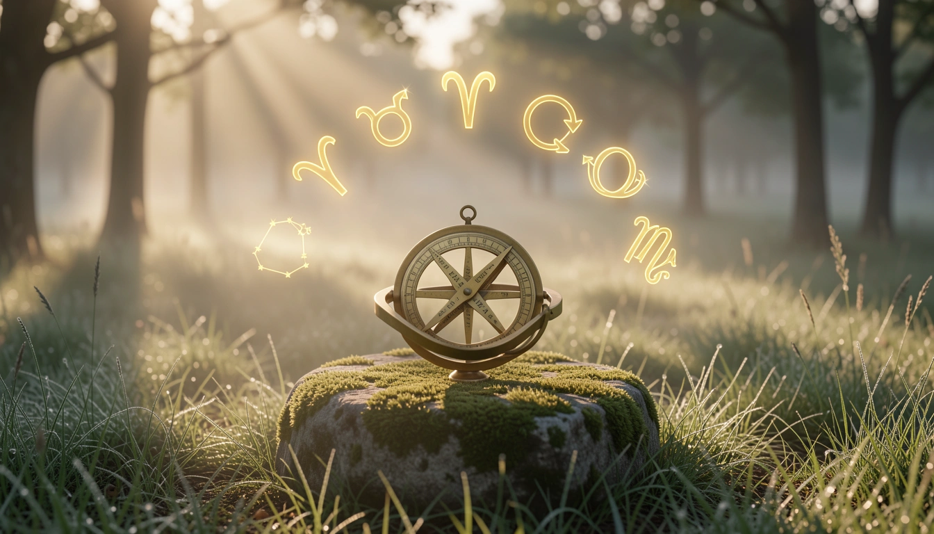 Spring meadow with astrolabe and glowing symbols of the first six zodiac signs