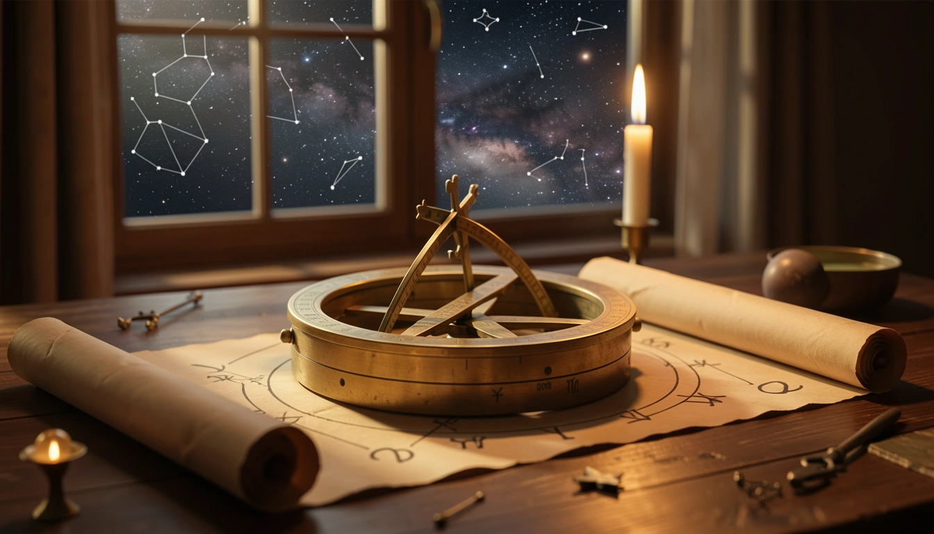 Antique brass astrolabe on parchment with zodiac cusp lines, candlelit, starry sky background