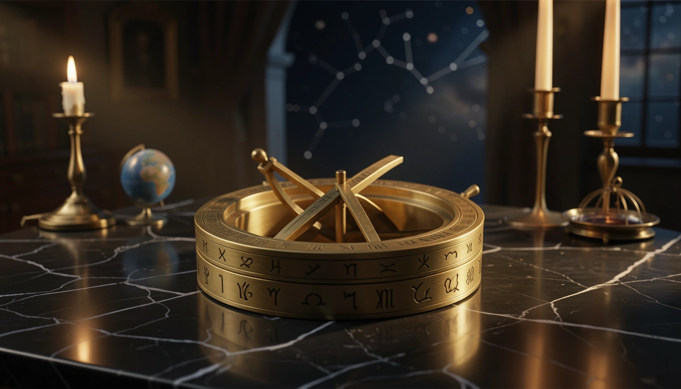 Brass astrolabe with engraved zodiac ring on dark marble under warm side-light
