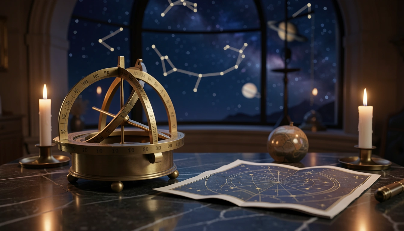 Brass astrolabe and star chart on polished stone under candlelight in an observatory
