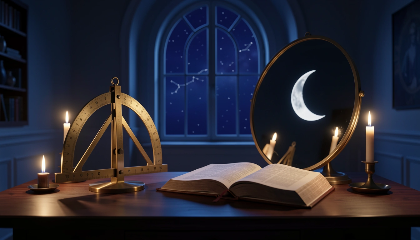Brass astronomical quadrant and obsidian mirror on a dark table beneath a starry night window