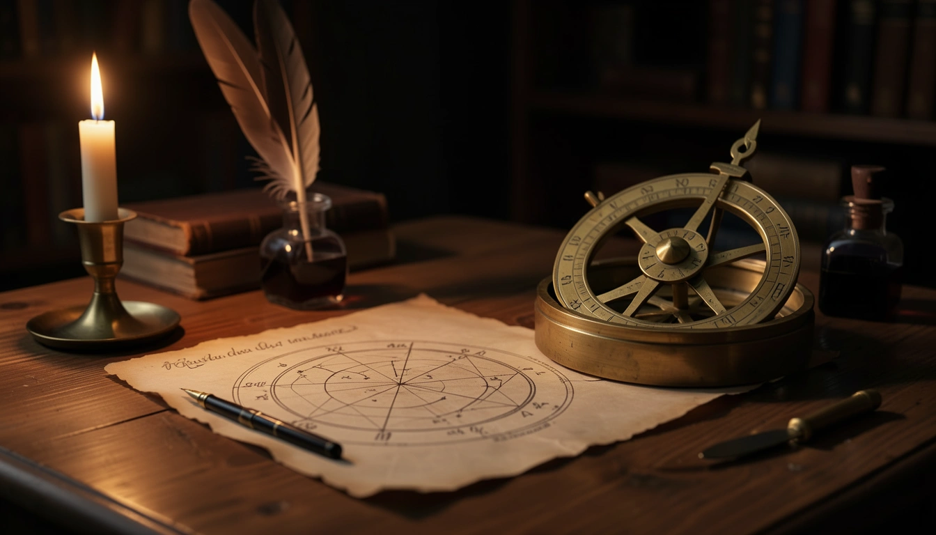 Antique brass astrolabe and hand-drawn horary chart on parchment lit by candlelight