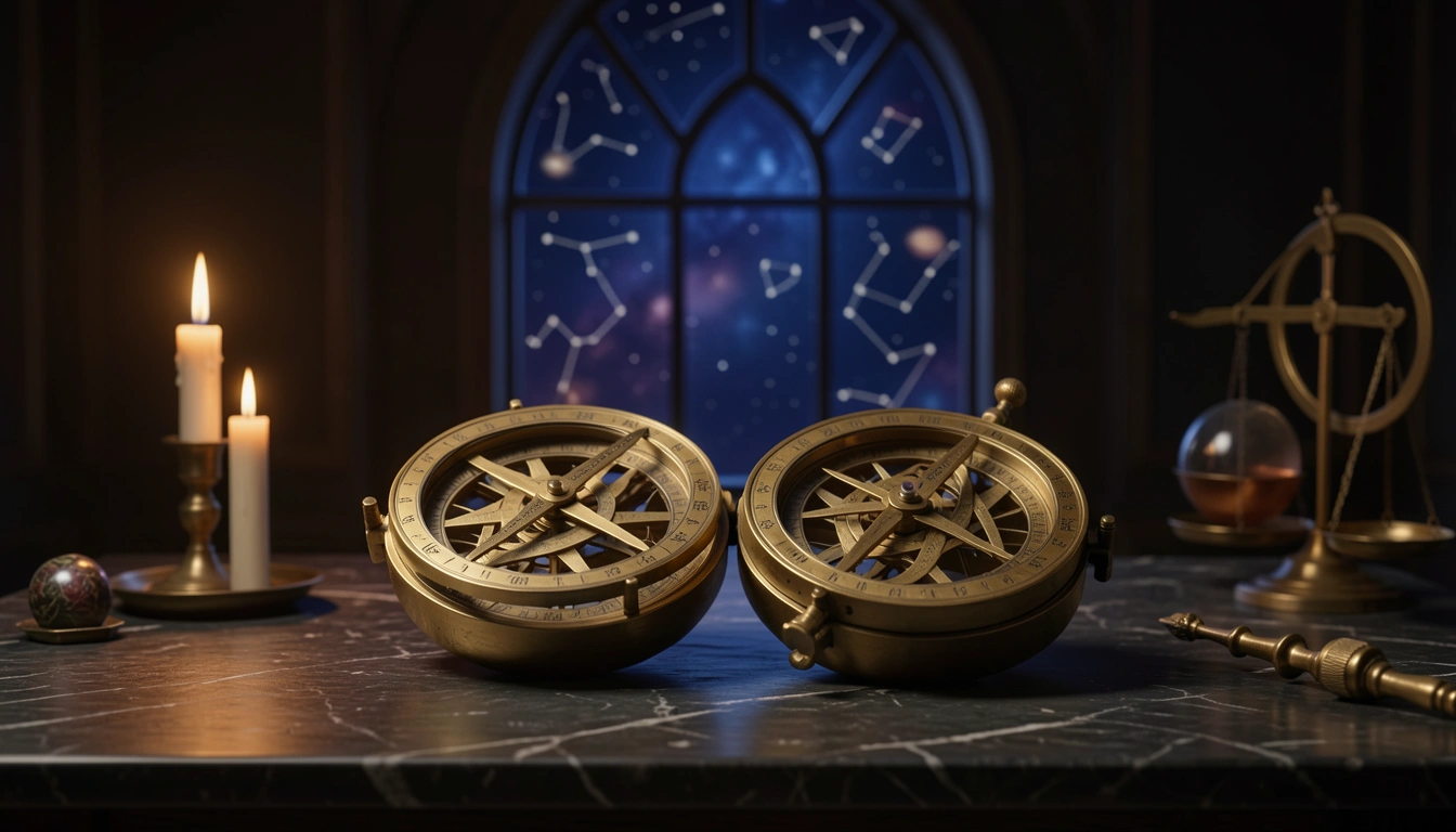 Two brass astrolabes side by side on a dark stone table beneath a night sky