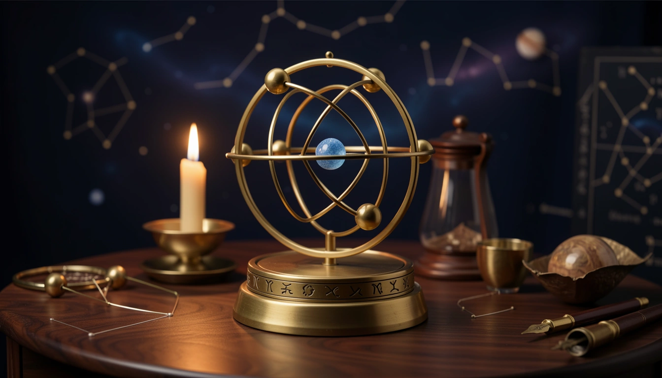 Brass orrery with Chiron positioned between Saturn and Uranus, lit by candlelight
