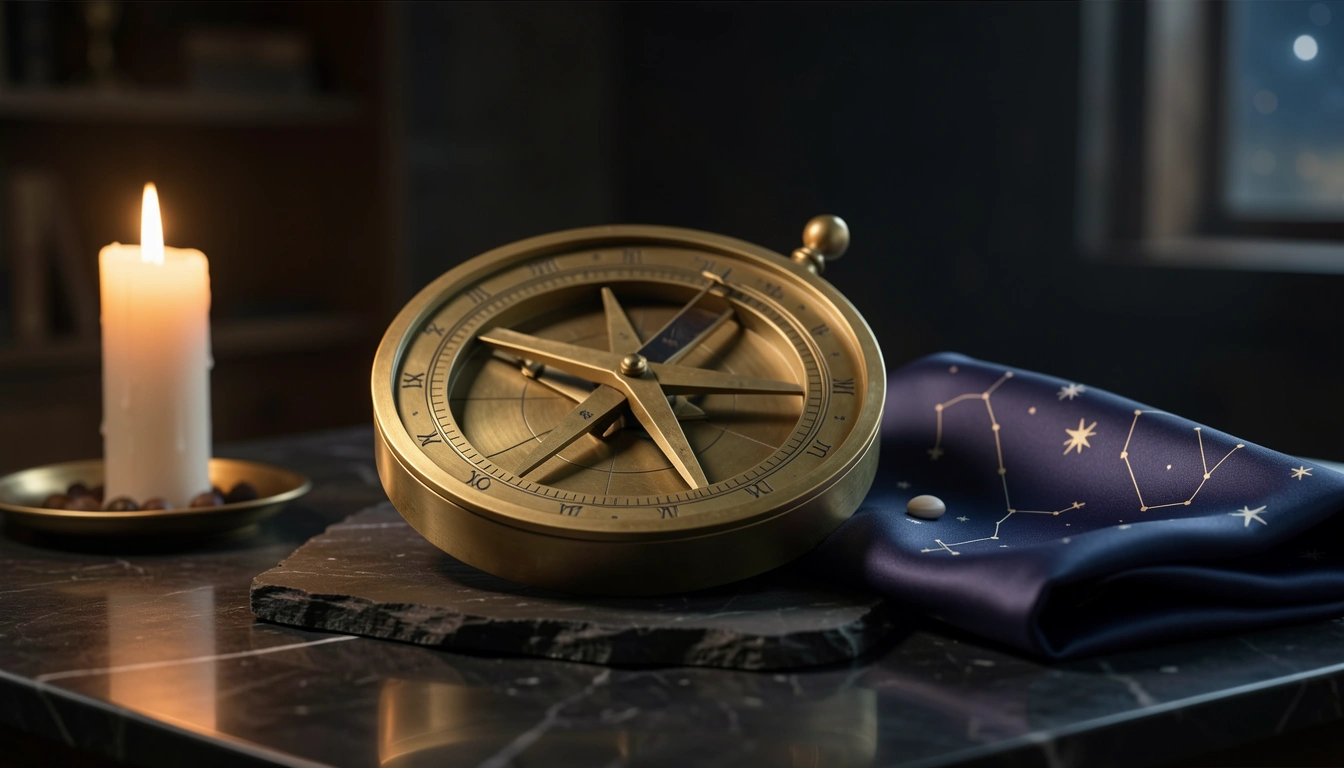 Brass astrolabe on polished stone lit by candlelight, illustrating the ruling planet of an empty house
