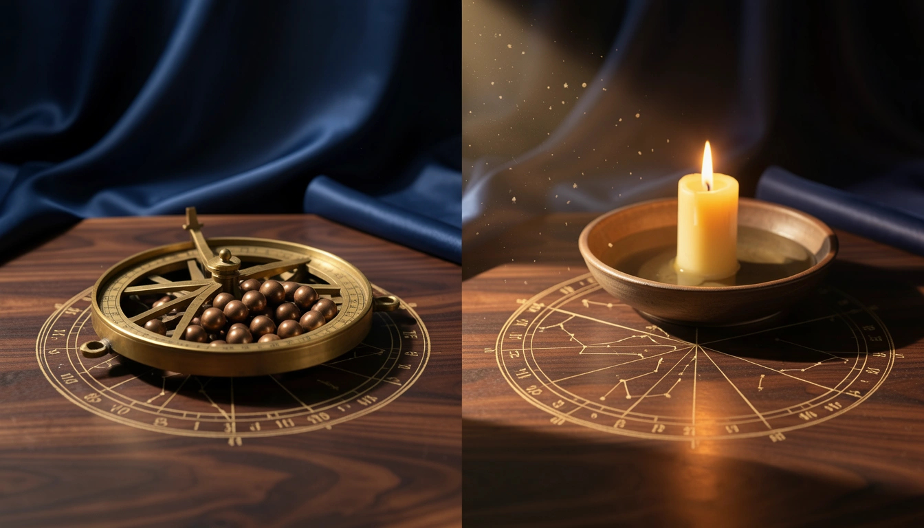 Brass astrolabe and bronze spheres on an engraved chart, with candlelit empty segments beside a cluster of planets