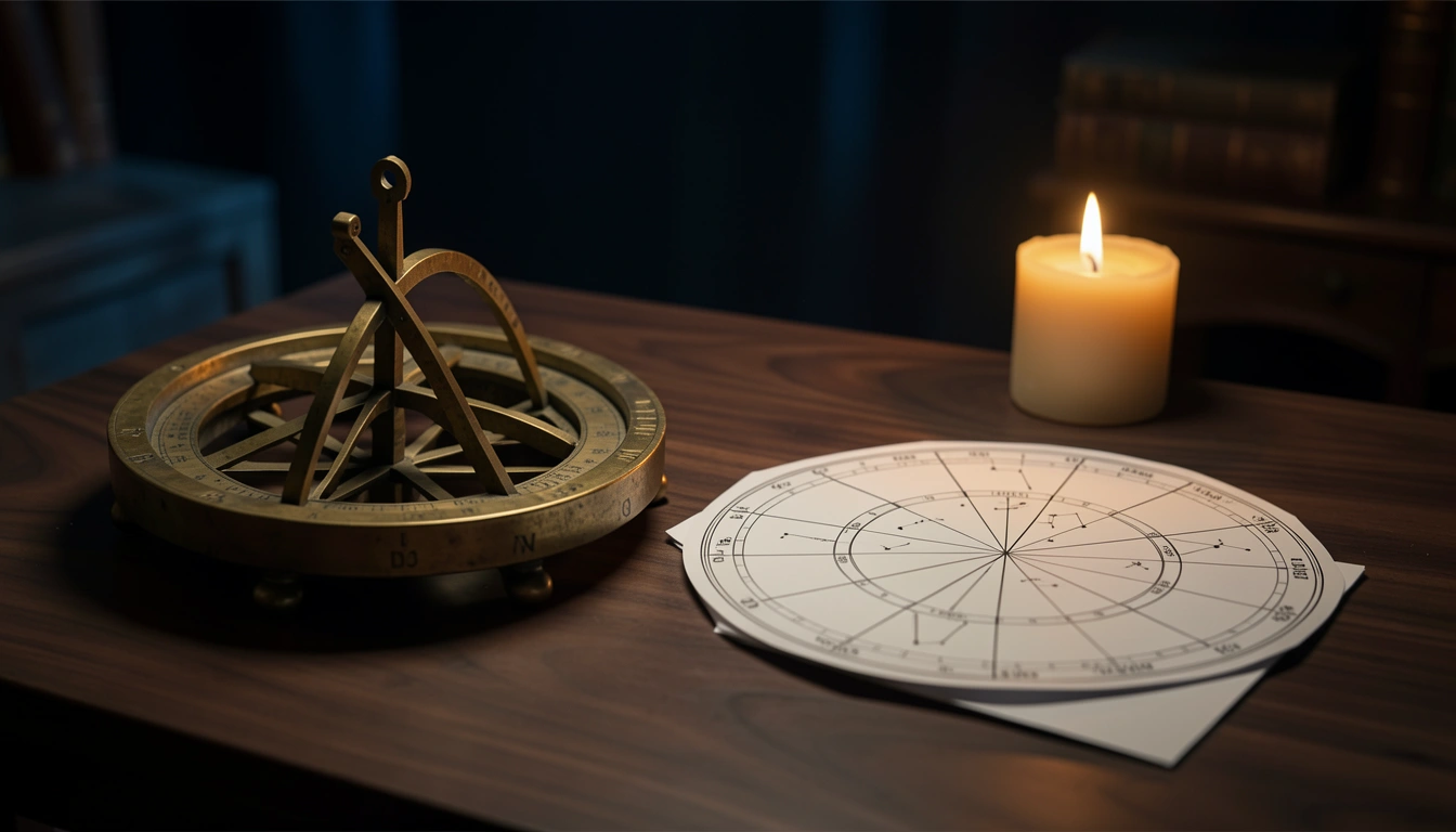 Brass astrolabe and hand-drawn birth chart wheel lit by candlelight on a dark wooden table