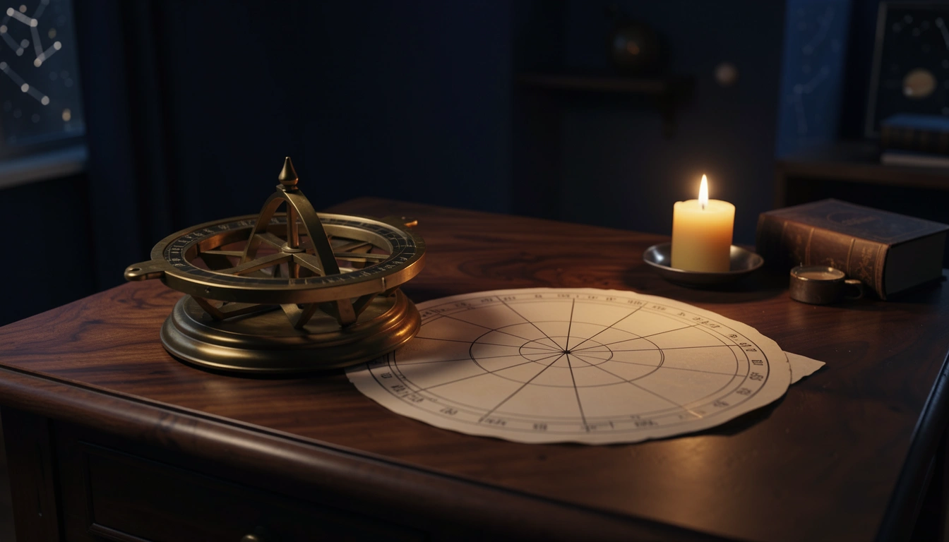 Antique brass astrolabe and blank twelve-segment chart wheel lit by candlelight on a dark wooden table