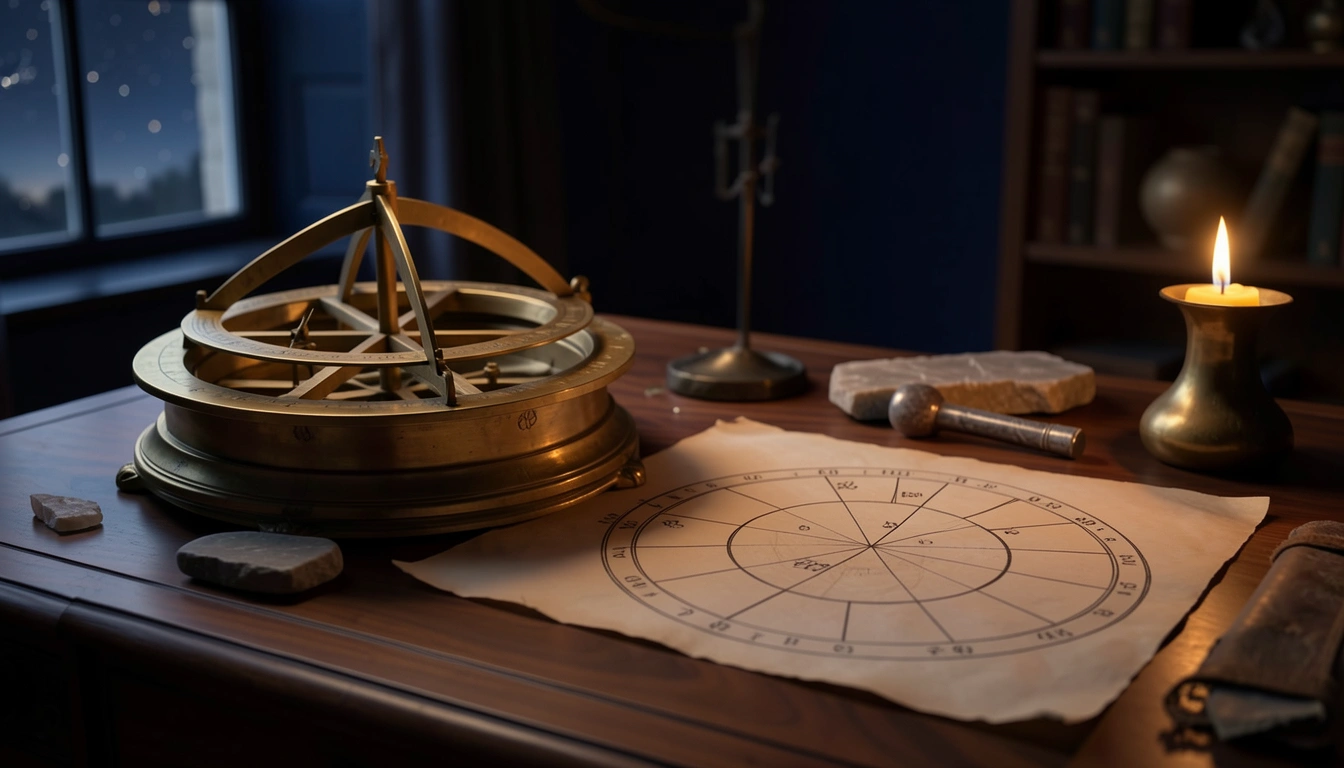 Brass astrolabe and hand-drawn natal chart wheel with empty house segments on a candlelit wooden table