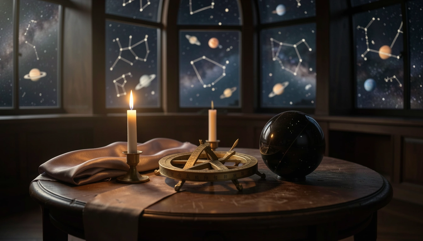 Brass astrolabe and candlelit ritual table with silk cloth and obsidian sphere in a dim observatory
