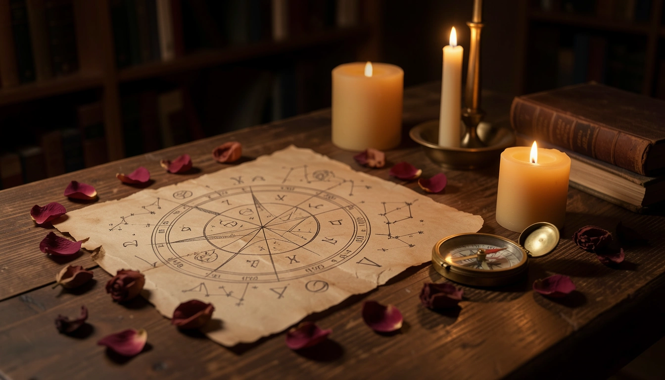 Candlelit table with a hand-drawn birth chart wheel, brass compass, and dried rose petals in warm golden light