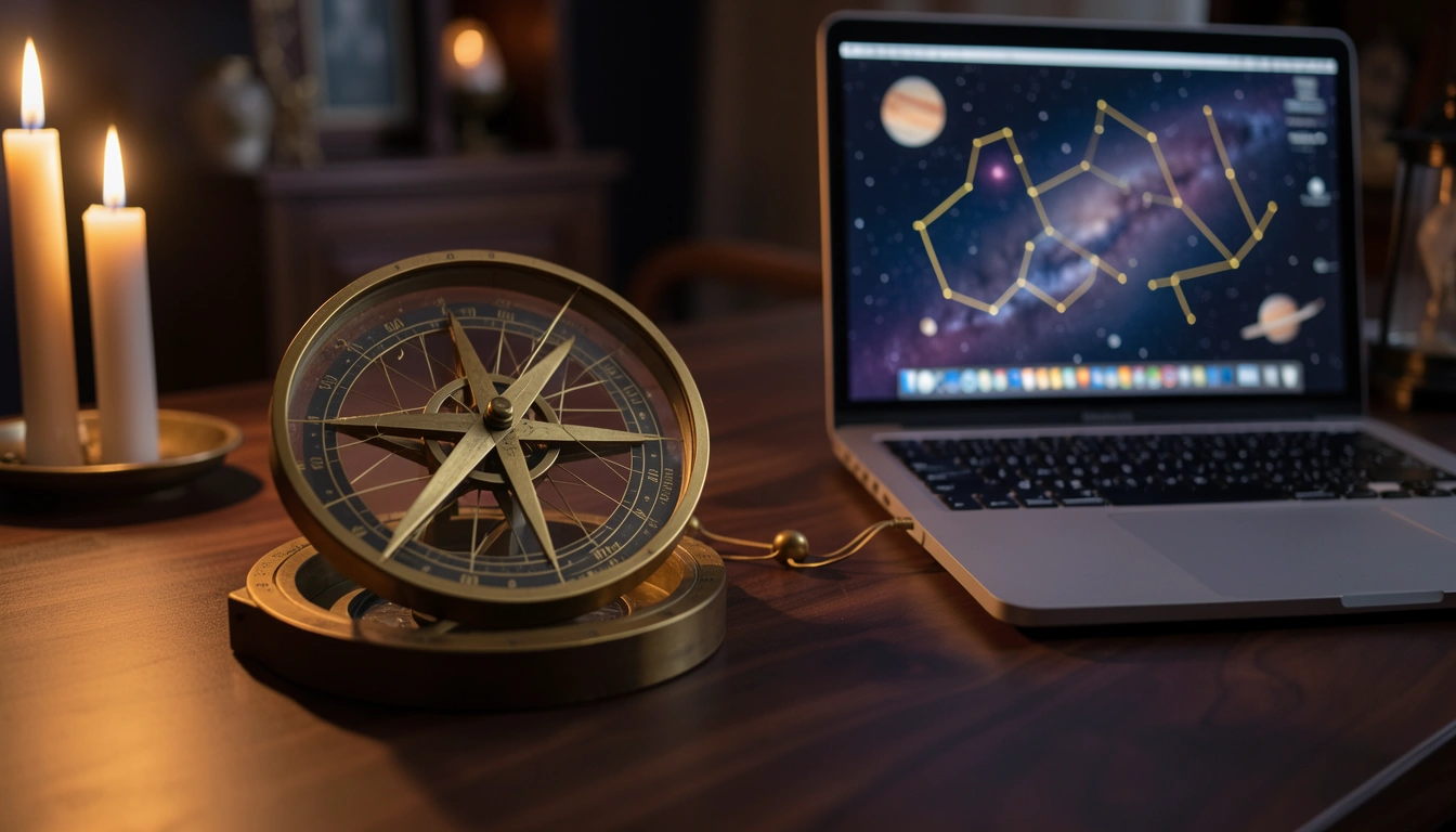 Brass astrolabe and glass chart wheel beside a laptop in candlelit study