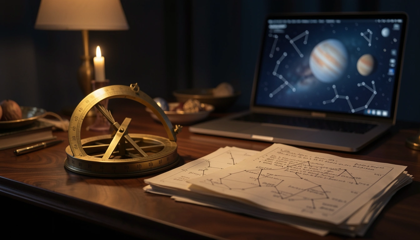 Brass astrolabe and star charts on a dark desk lit by candlelight
