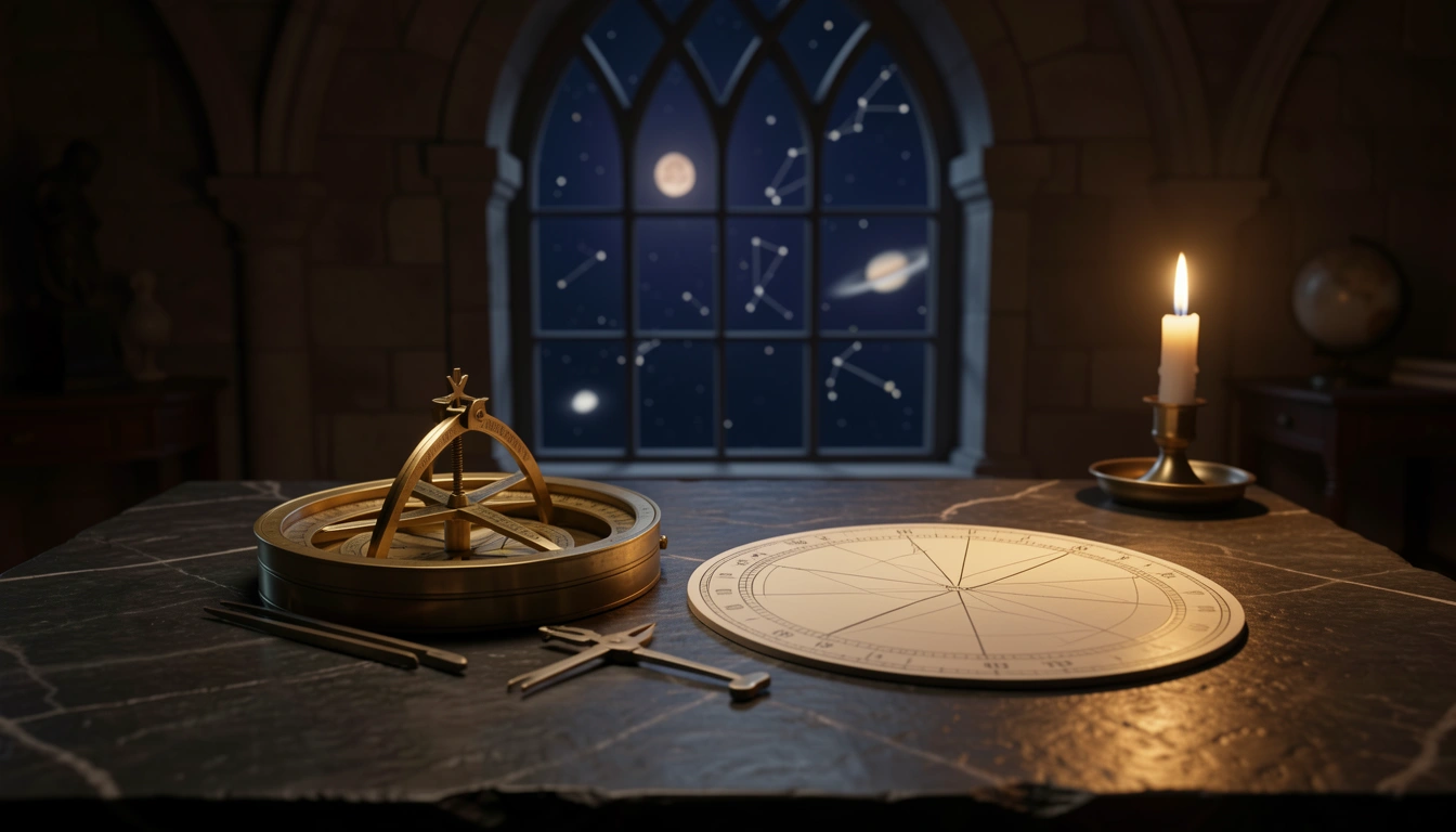 Brass astrolabe and hand-drawn chart wheel on a dark stone desk lit by candlelight in a night observatory