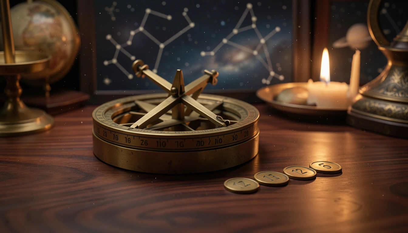 Antique brass astrolabe and numbered tokens lit by candlelight on dark wood