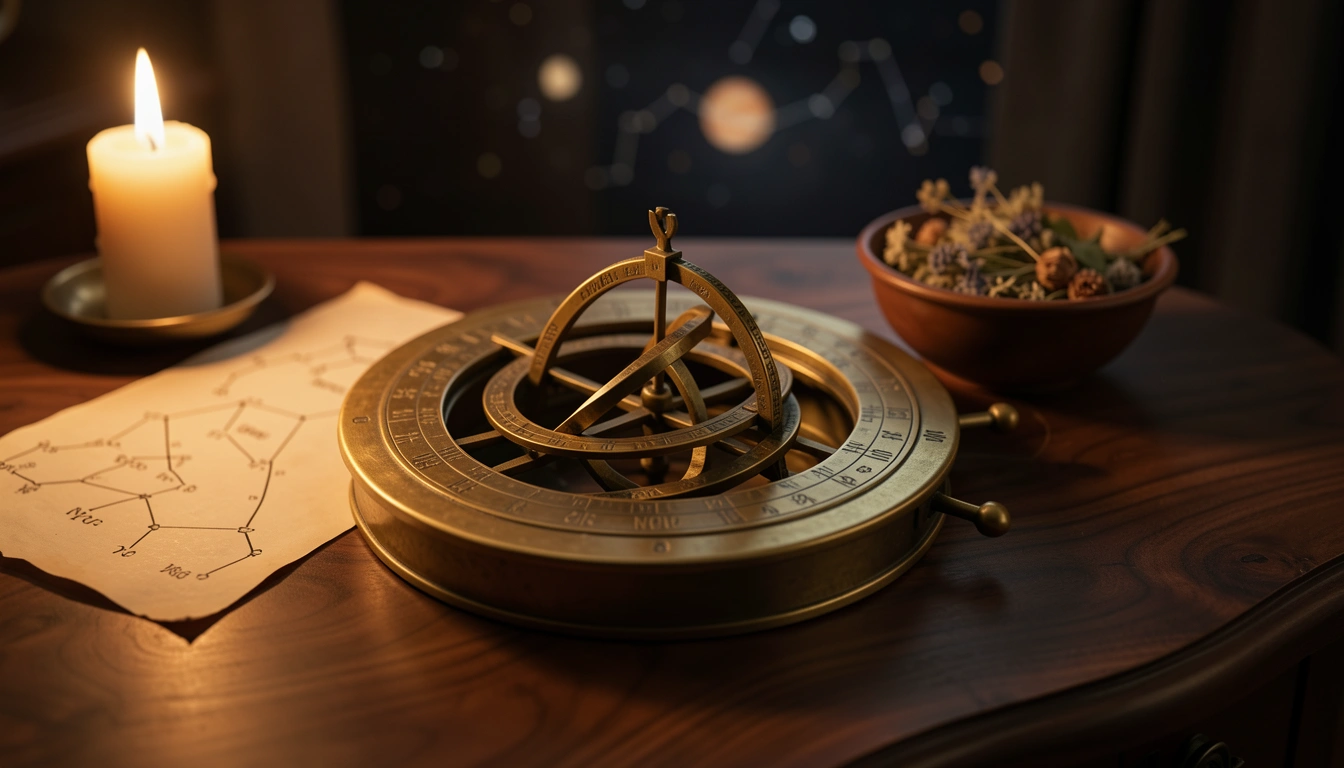 Antique brass astrolabe and parchment chart on a dark table lit by candlelight