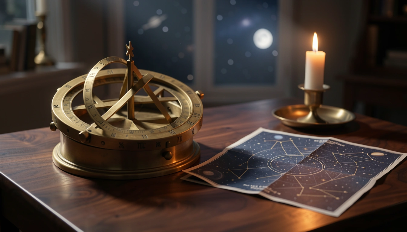 Brass astrolabe and star chart on a dark table lit by candlelight and moonlight