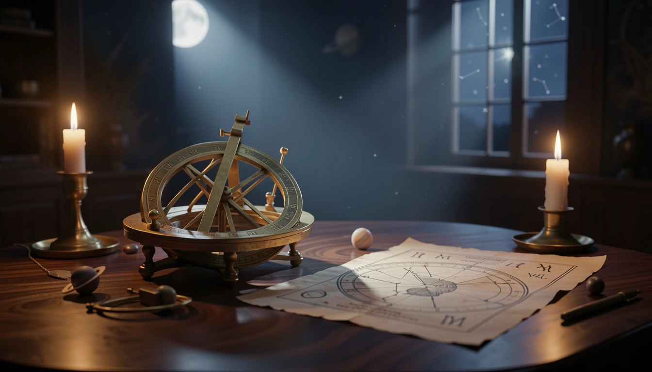 Brass astrolabe and parchment chart lit by candlelight and moonlight on a dark wooden table