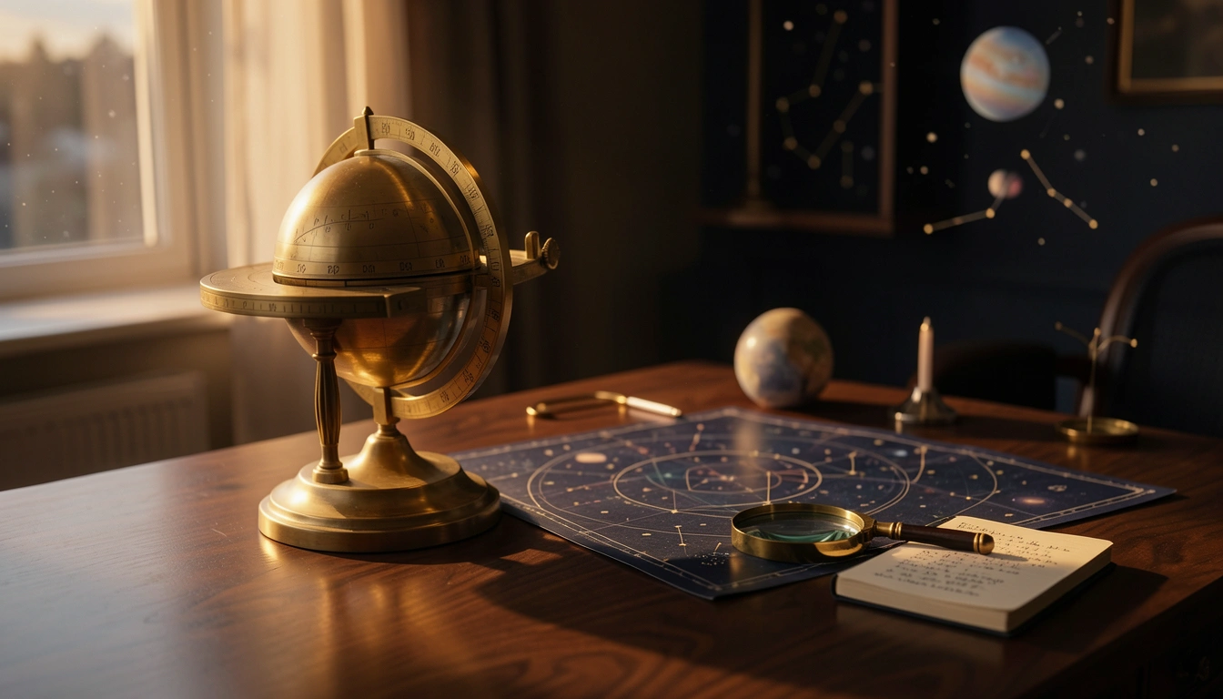 Brass astronomical instrument and star chart on a desk under golden side-lighting