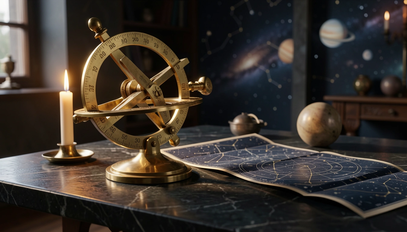 Brass astronomical instrument and star chart on a dark stone table in candlelight