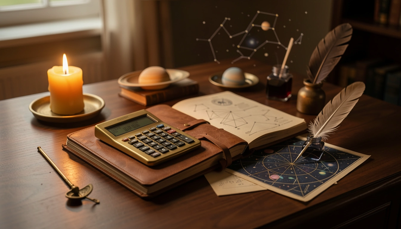 Brass astronomical calculator and journal on a candlelit desk with a star chart
