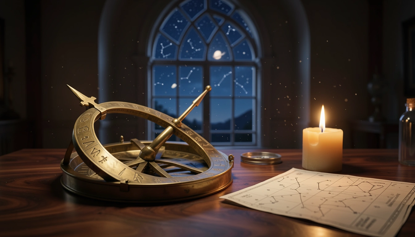 Brass astrolabe and star chart on a desk lit by candlelight beside a night window