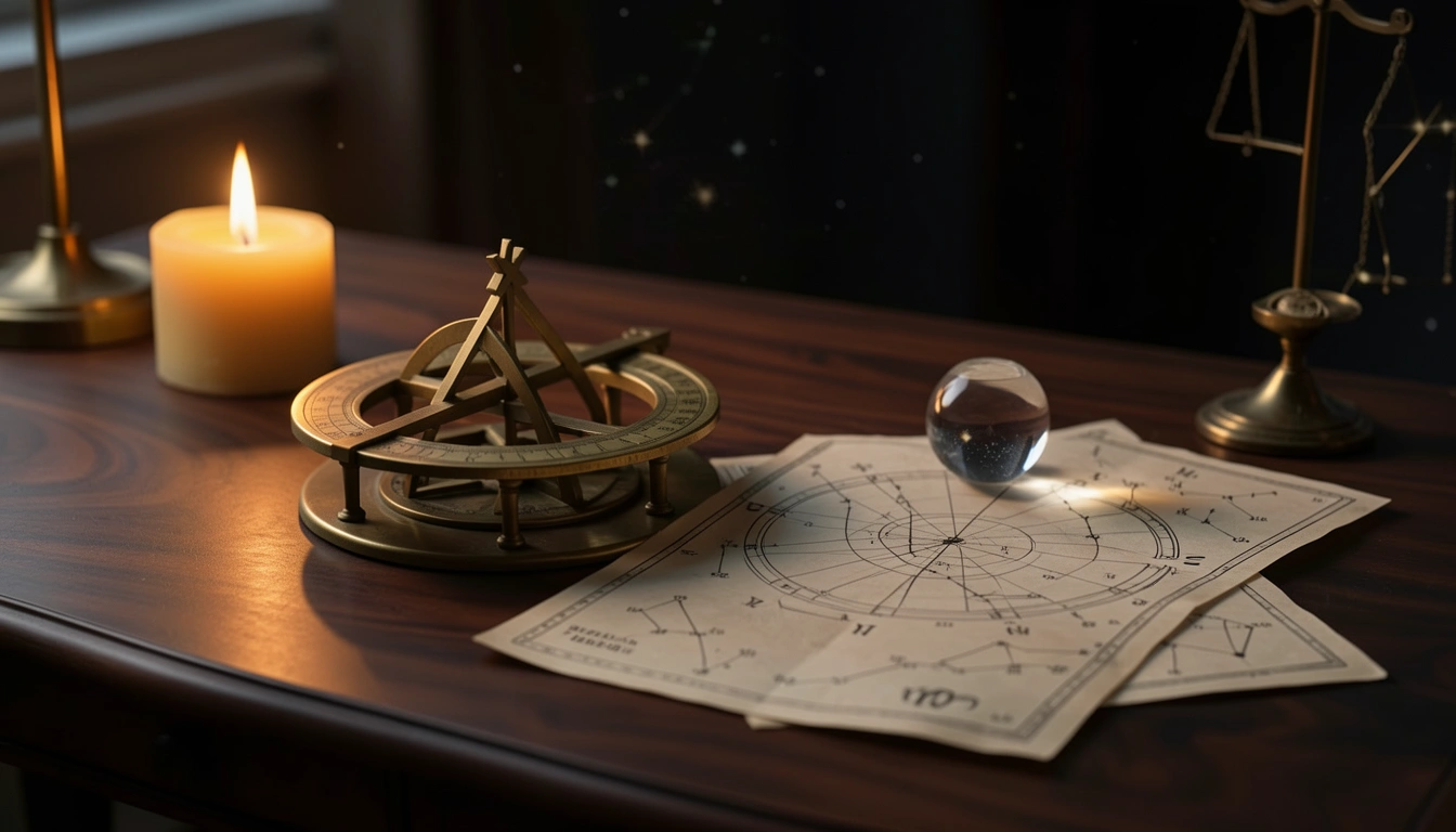 Brass astrolabe and natal chart on a candlelit desk with golden side-lighting