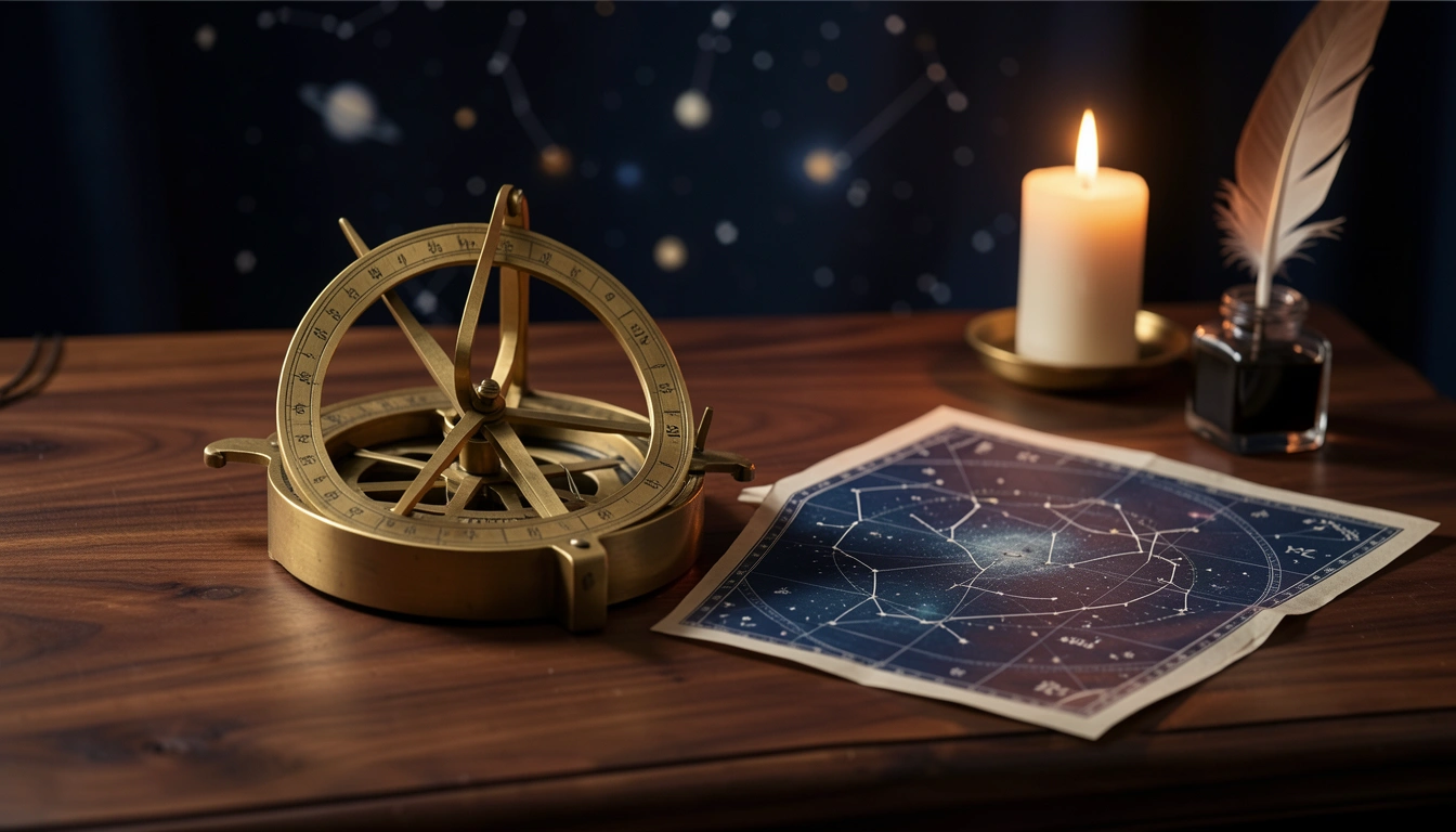 Brass astrolabe and star chart on a candlelit desk
