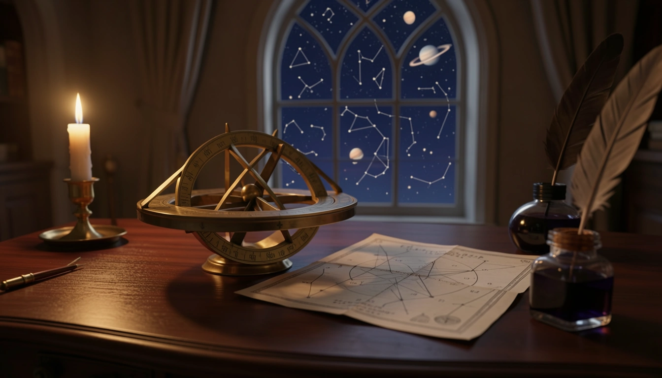 Brass astrolabe and star chart on a candlelit desk beneath a night sky