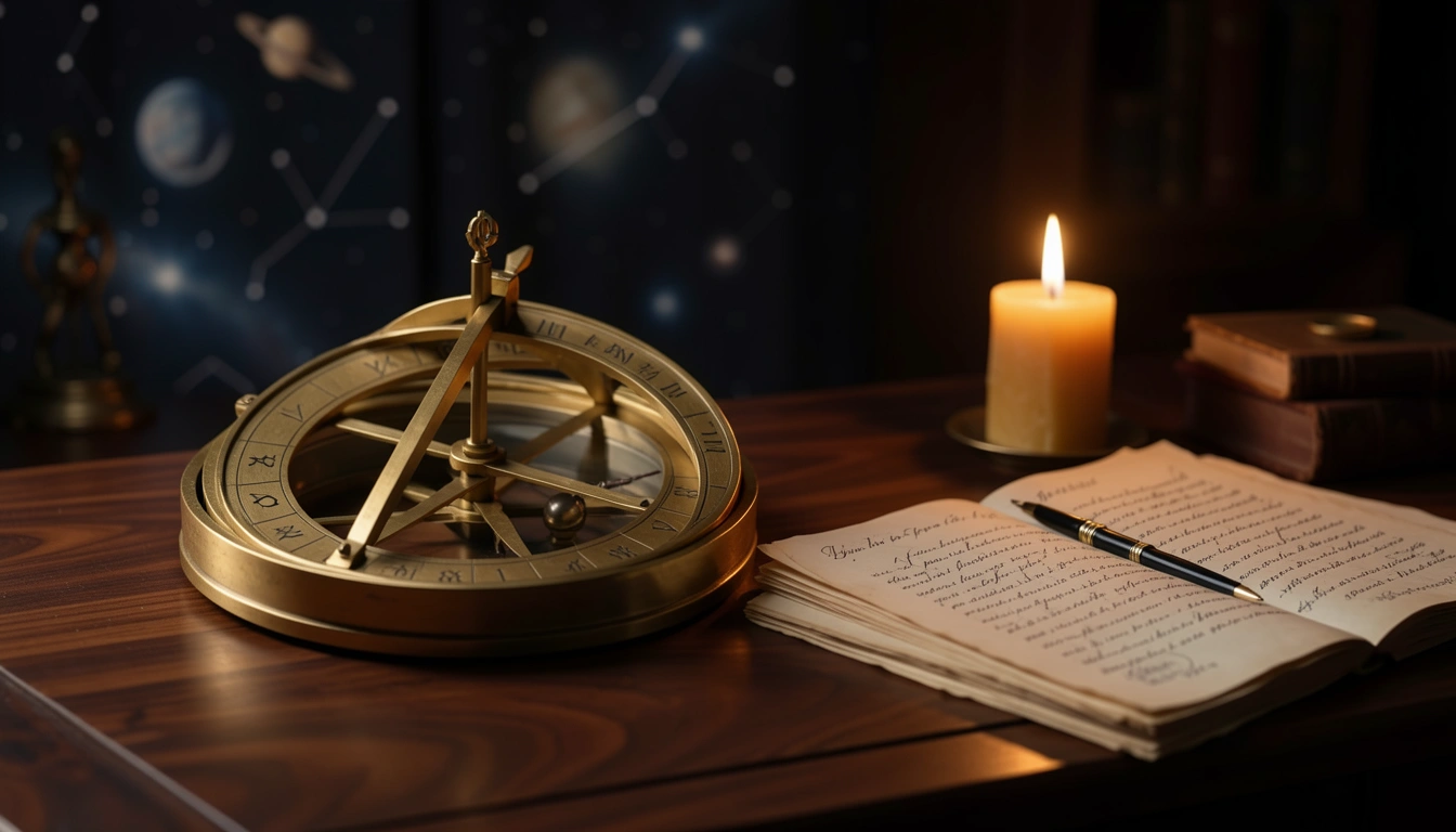 Brass astrolabe and manuscript pages lit by candlelight on a dark desk