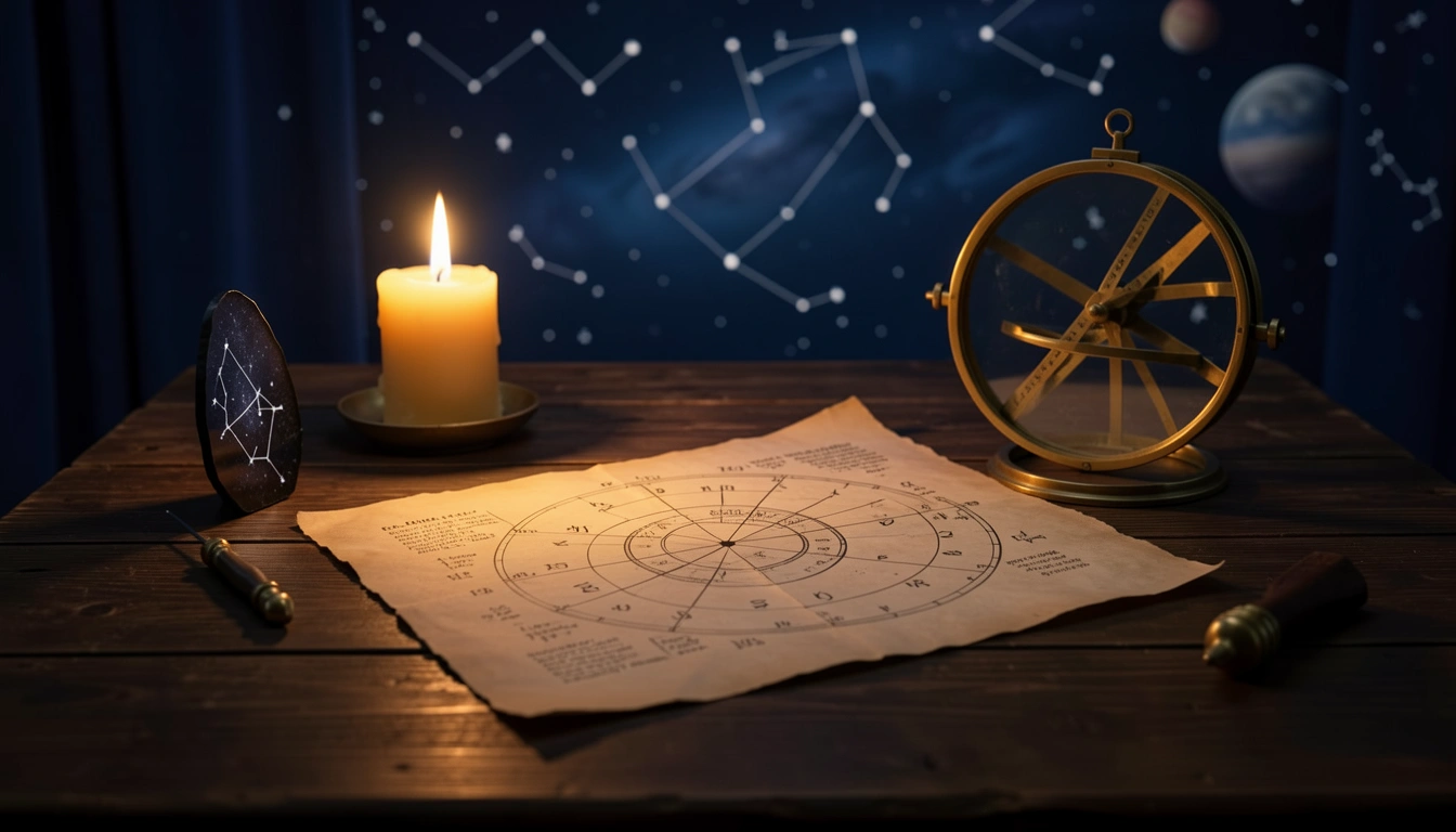 Candlelit astrological worktable with a natal chart, brass astrolabe, and obsidian mirror in deep shadow