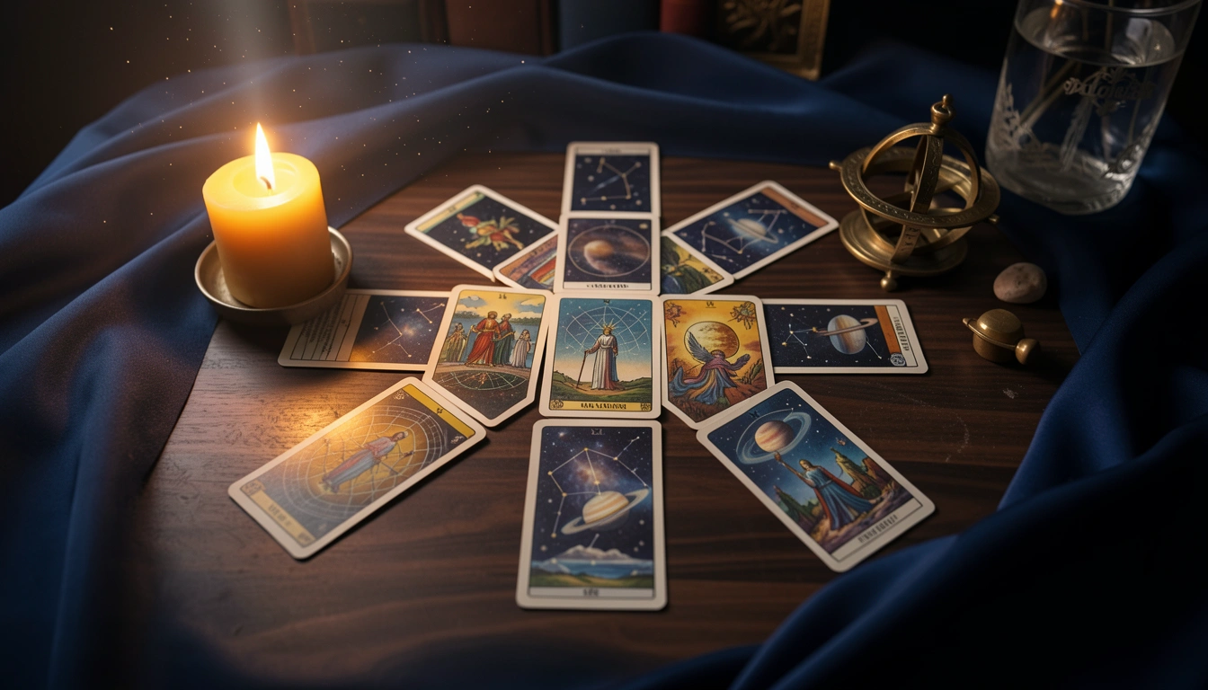 Ten tarot cards laid in the Celtic Cross formation on indigo silk beside a brass astrolabe and candlelight