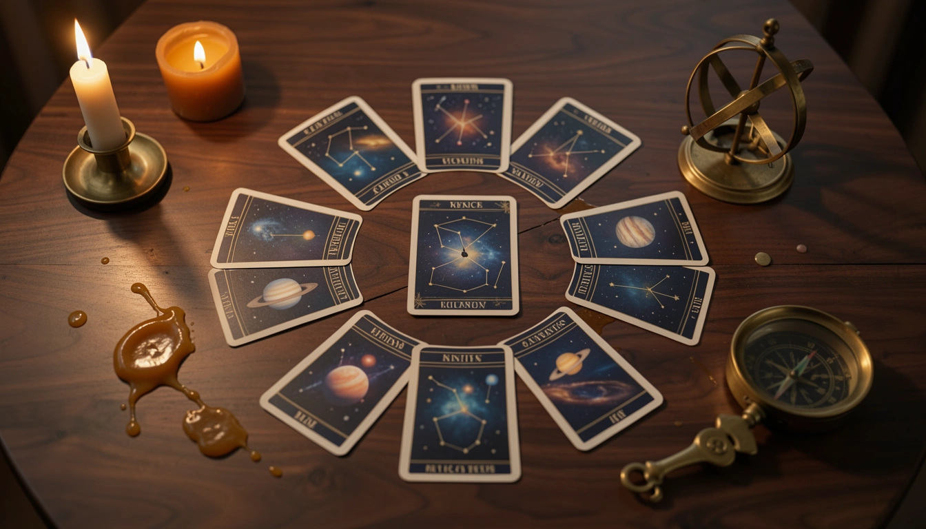 Twelve tarot cards arranged in a circular zodiac wheel with a thirteenth card at the center on a dark wooden table lit by candlelight