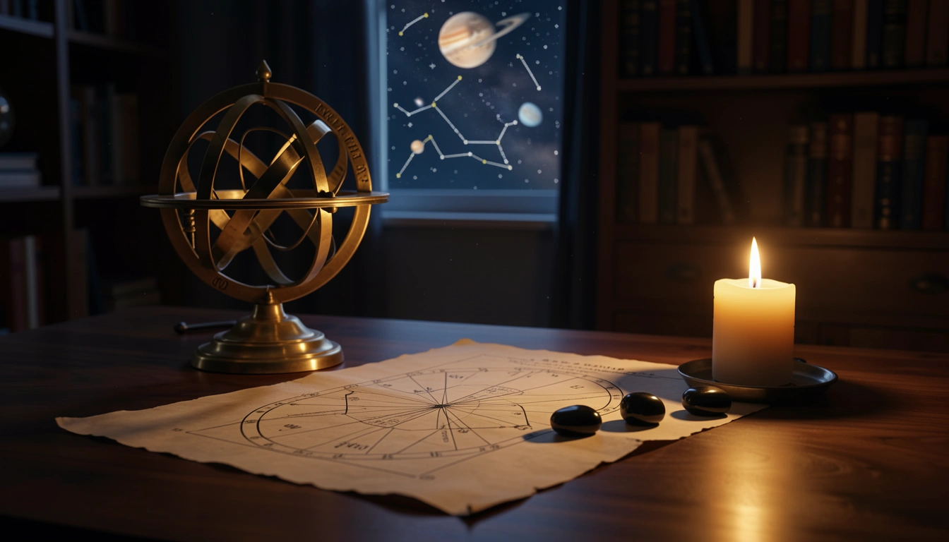 Brass armillary sphere and natal chart on a dark table with three obsidian stones in candlelight