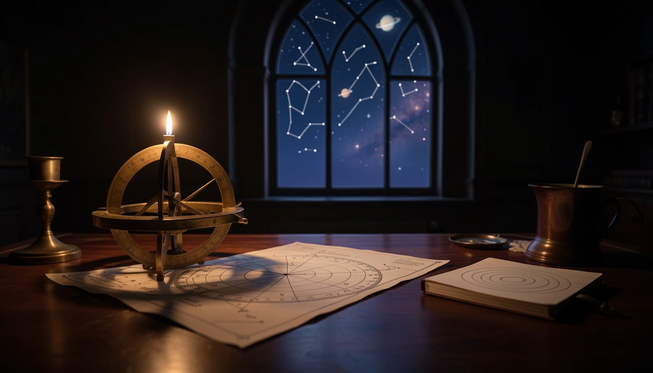 Brass astrolabe and star chart on a candlelit observatory desk at night