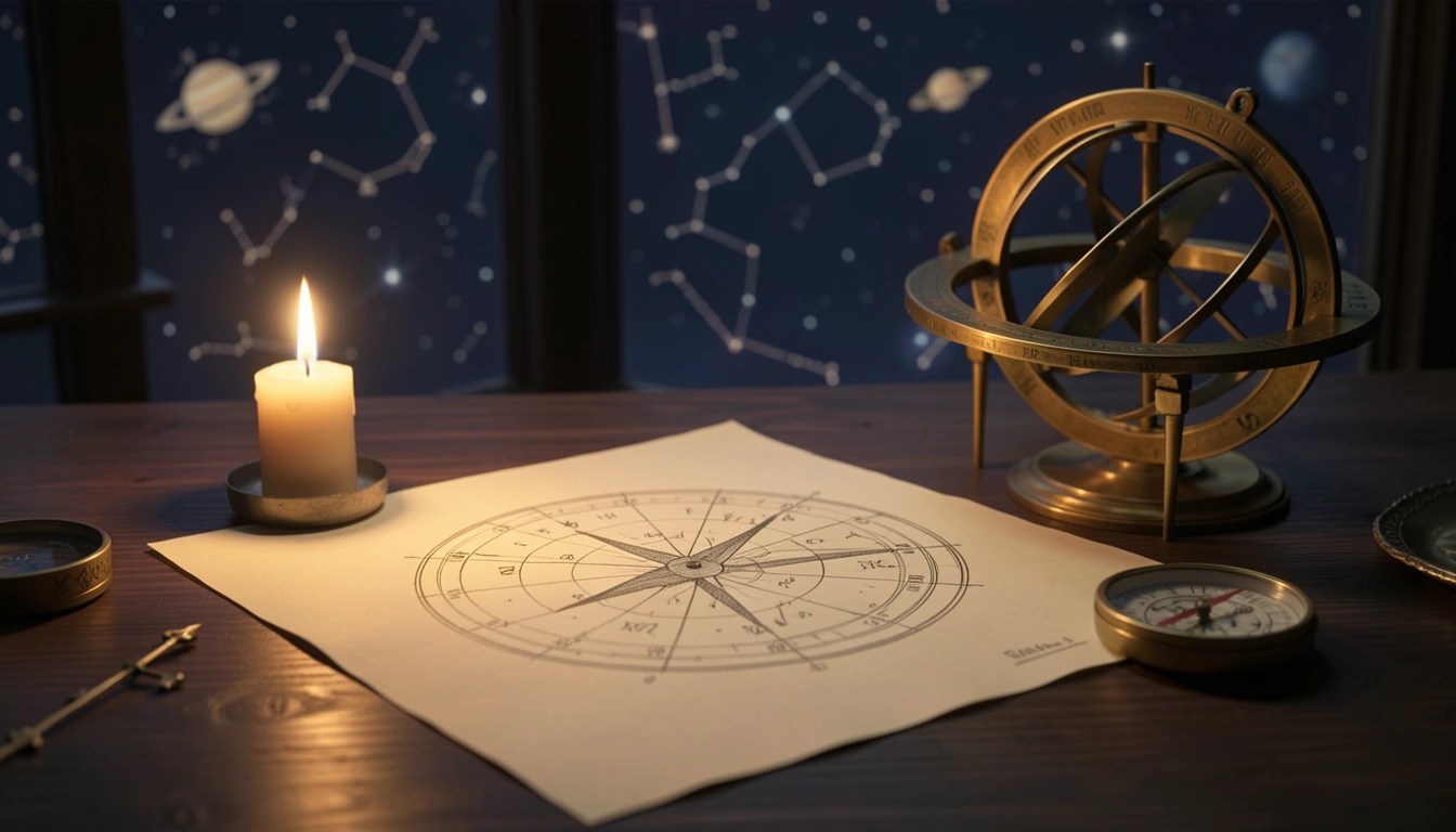 Hand-drawn astrological chart wheel on paper beside a brass astrolabe in candlelight