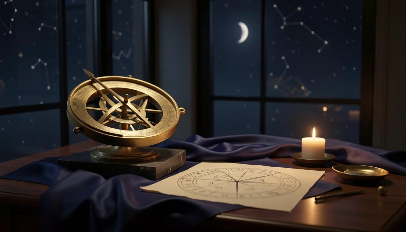 Brass astrolabe and hand-drawn chart wheel on a dark stone desk lit by candlelight beside a night window